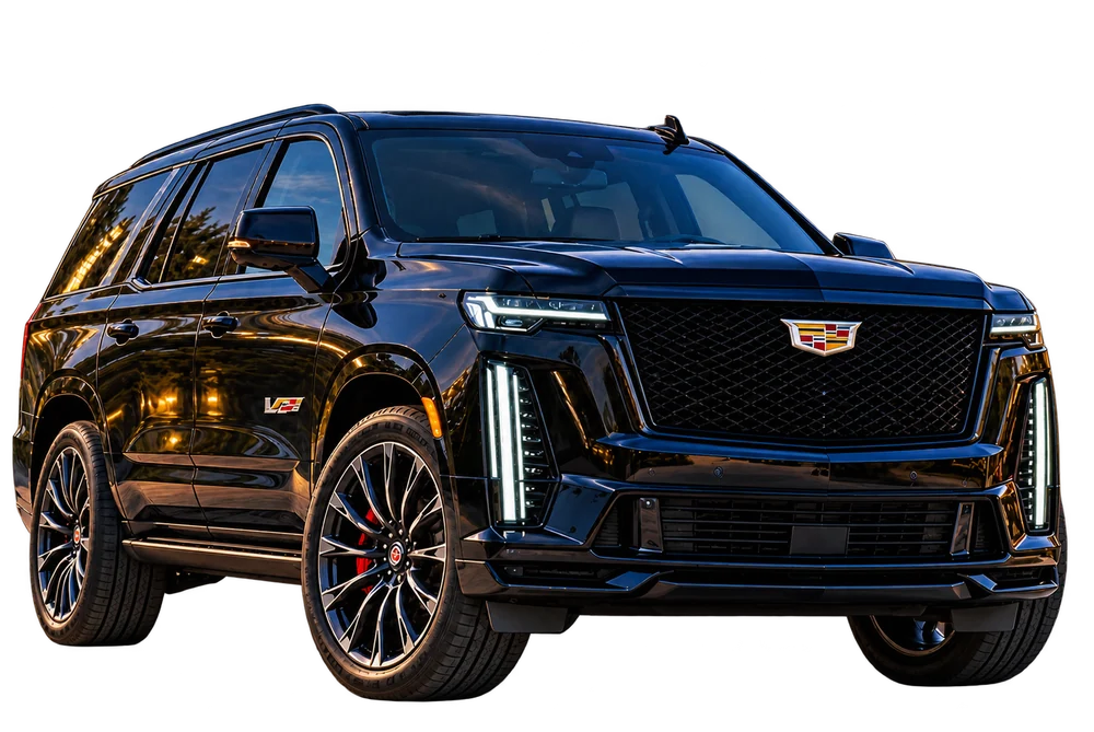 Black Cadillac Escalade in a front three-quarter view