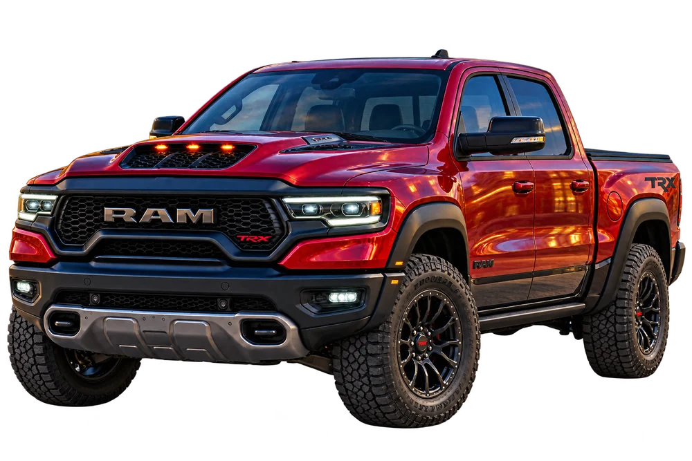 Red RAM pickup in a front three-quarter view
